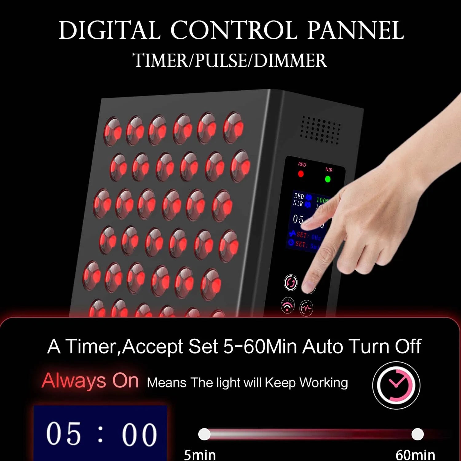 Digital control panel with red lights and a hand pressing a button on a black background