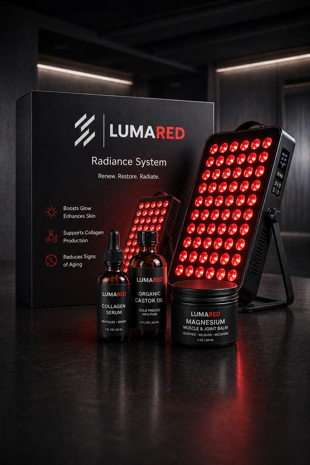 LumaRadiance 105W Red Light Therapy for Face and Body 850nm Near Infrared Light Therapy Panel System with Collagen & Castor Oil Activation Serum